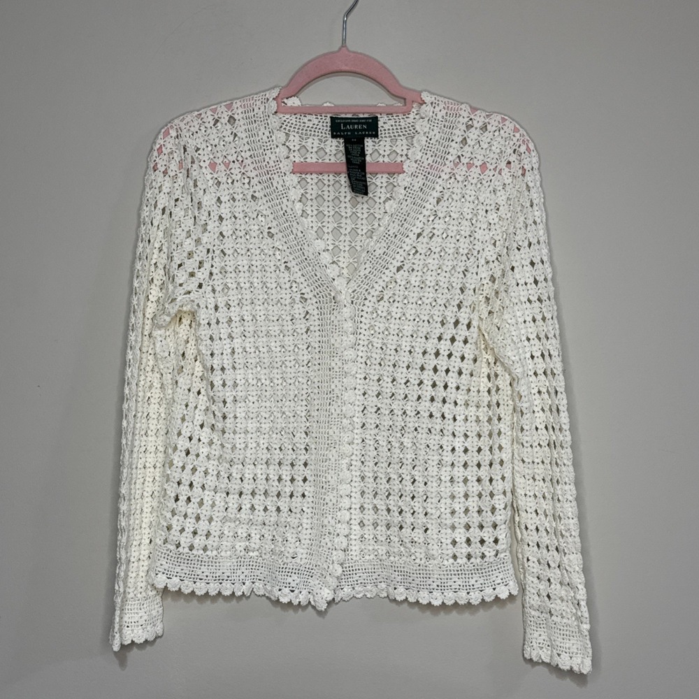 Lauren Ralph Lauren Off White Hand Knit Cardigan Sweater 100% Cotton Size M
